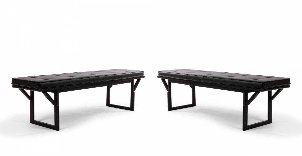 Contemporary black leather button tufted benches