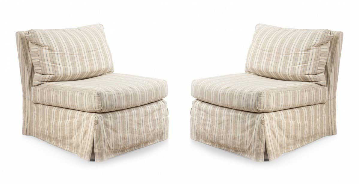 Beige striped upholstered slipper chairs
