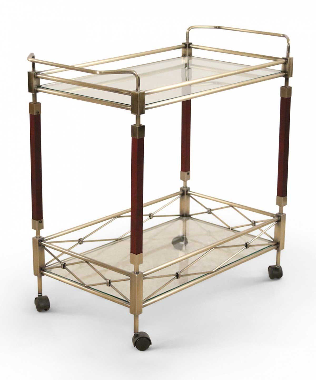 Contemporary gilt metal glass and wood bar tea cart