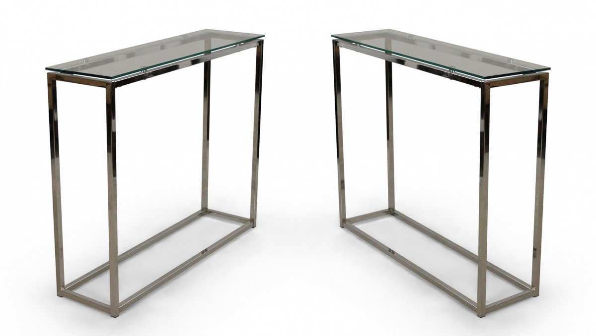 Contemporary silver metal and glass narrow console tables
