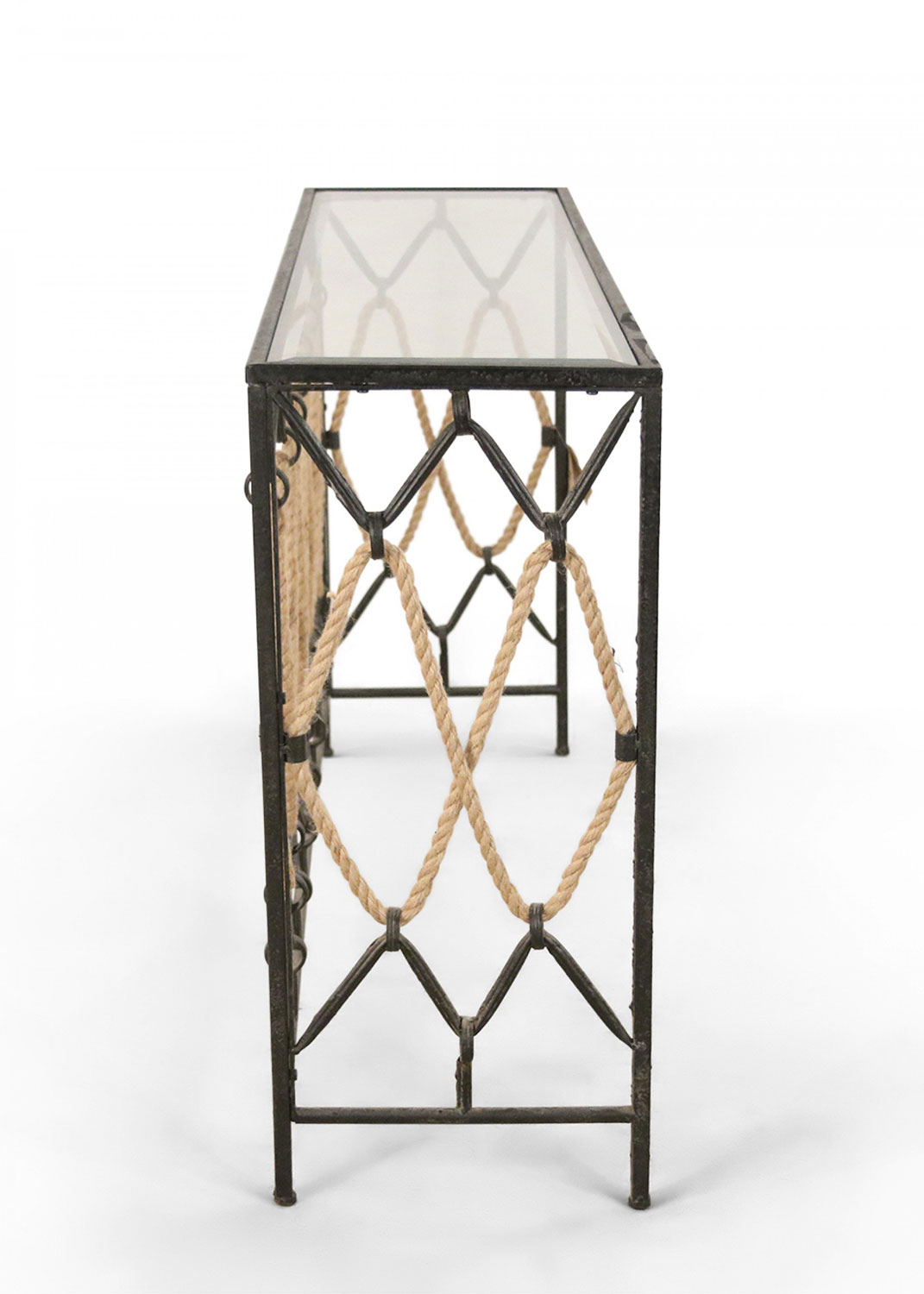 Contemporary black metal and rope glass top console table