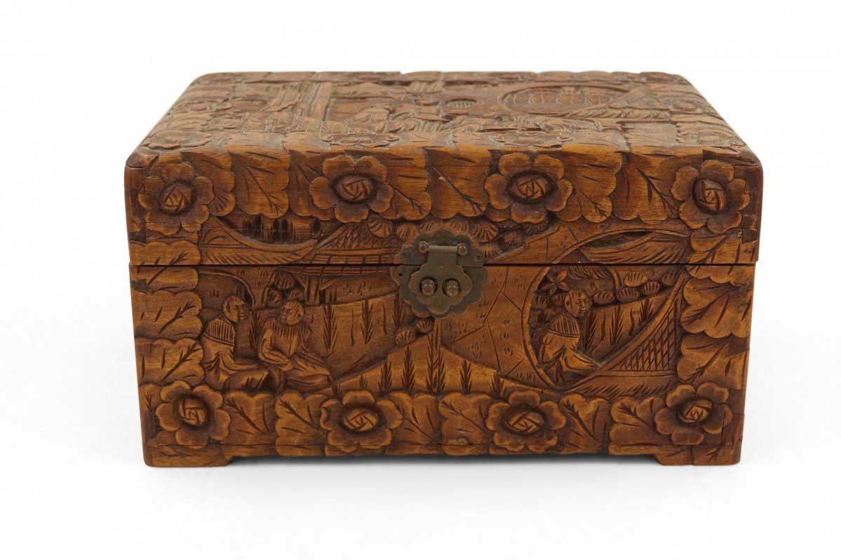 Mid Century Chinese Wooden Scenic Design Carved Hinge Top Box