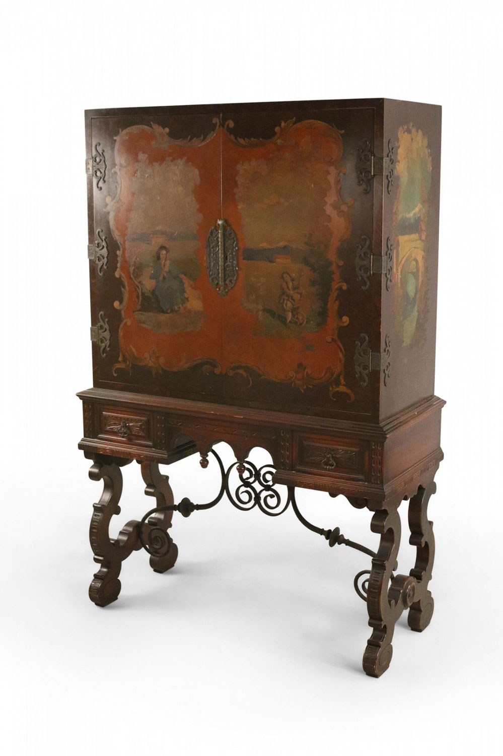 English Renaissance Style Painted Mahogany and Iron Highboy Cabinet