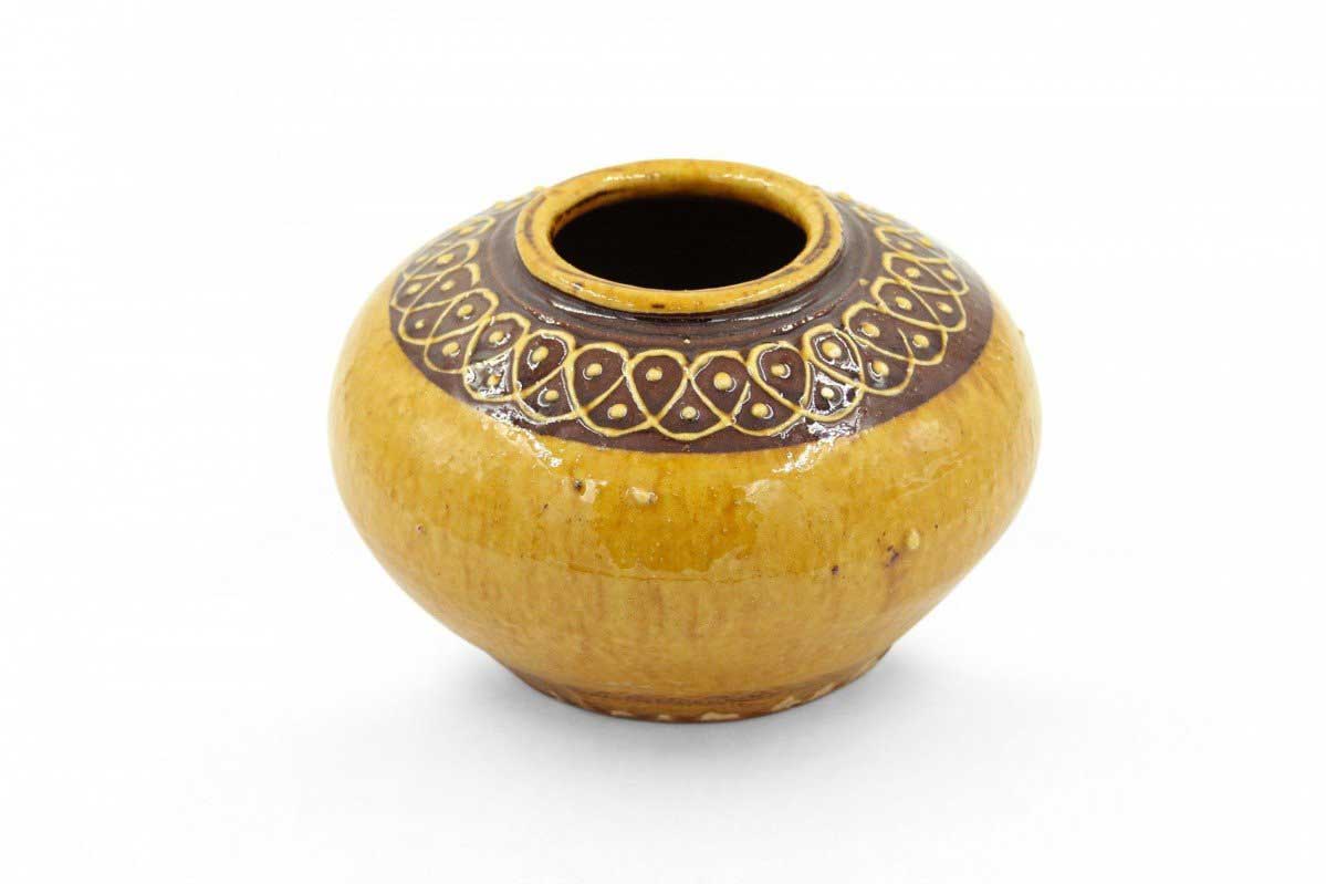 Low Round Yellow and Brown Patterned Rim Ceramic Vase