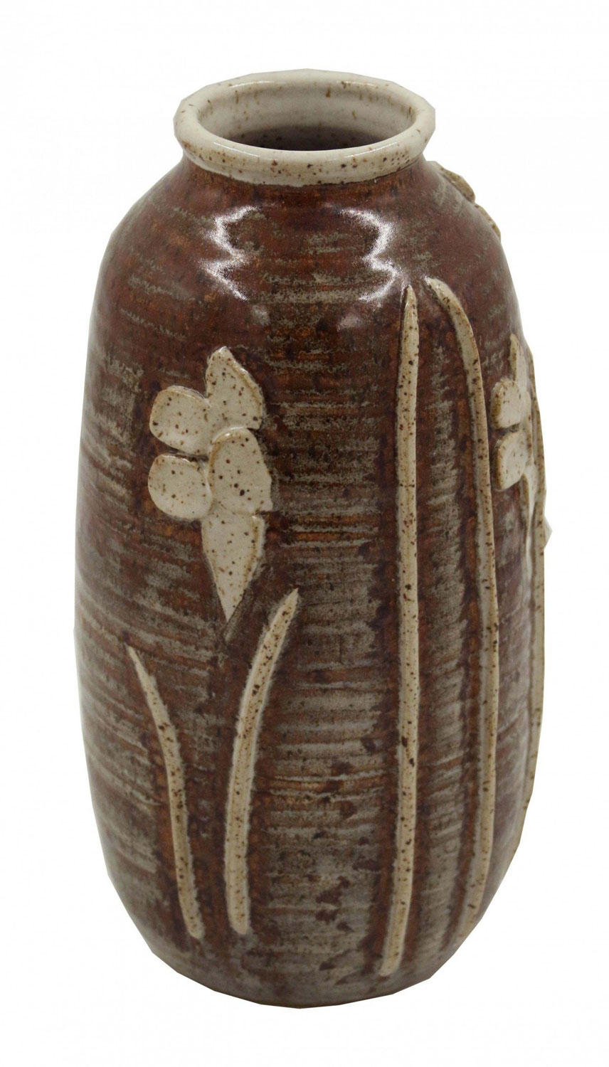 Floral Patterned Brown Earthenware Vase