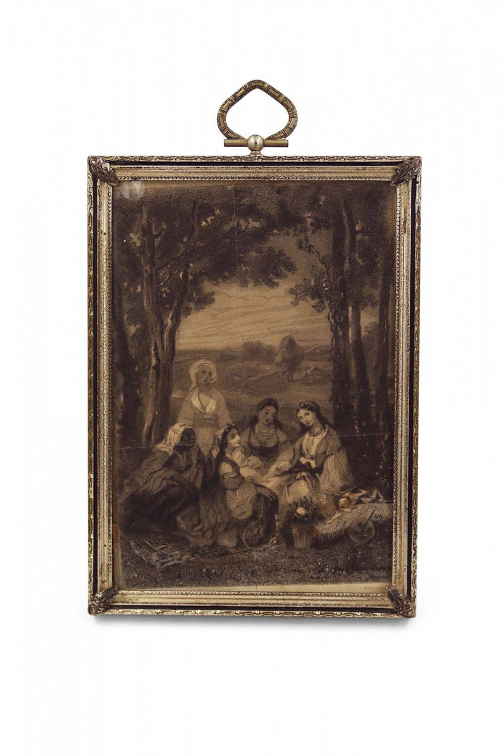 French Victorian Silver Framed Engraving of Women Having a Picnic