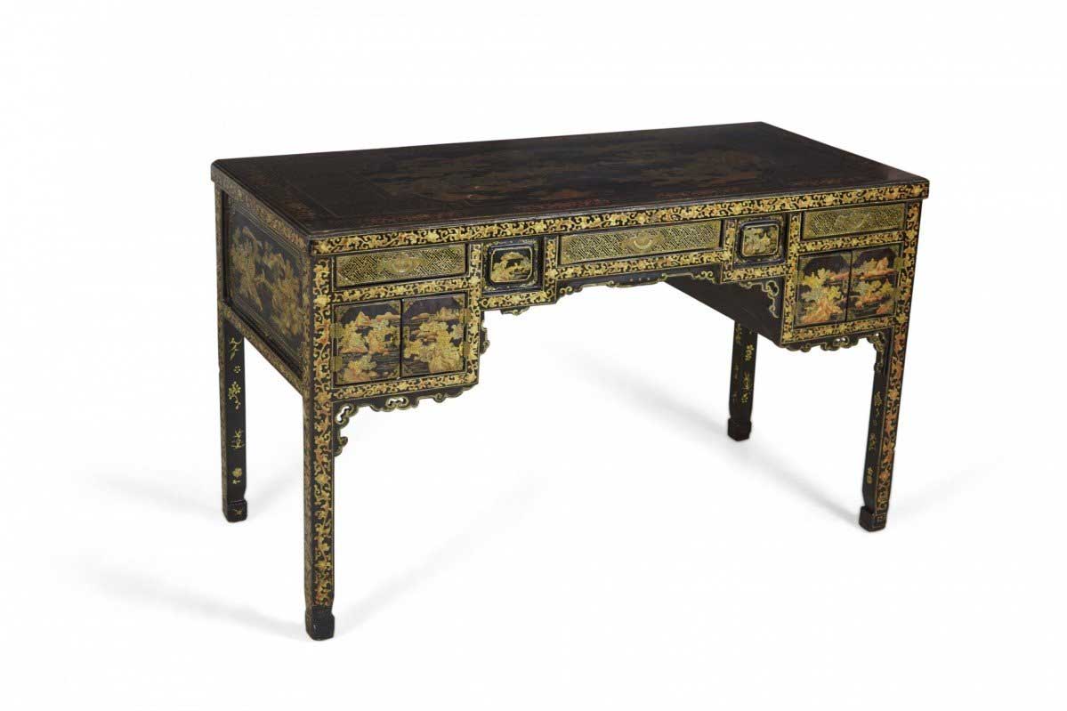 English Regency Chinese export gilt black lacquer desk