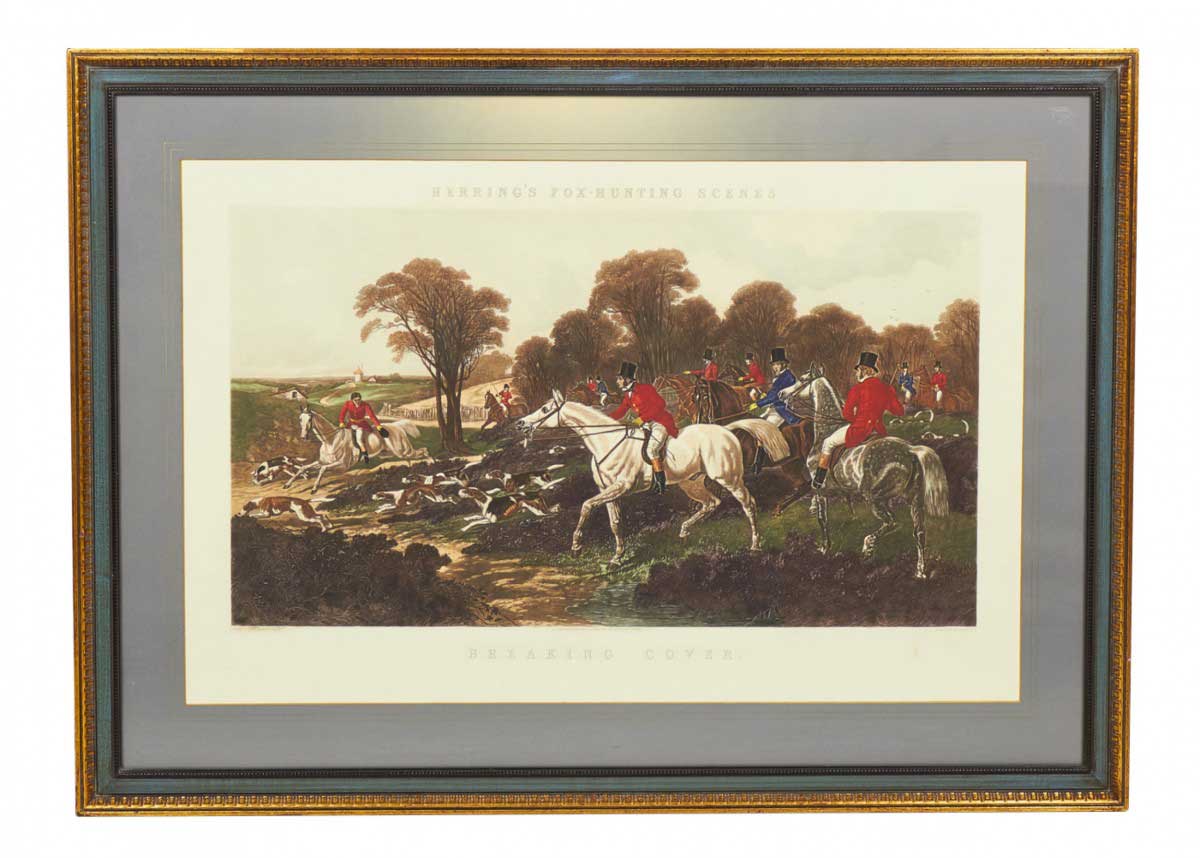 Framed English Victorian Lithograph Print of Huntsmen and Dogs Breaking Cover