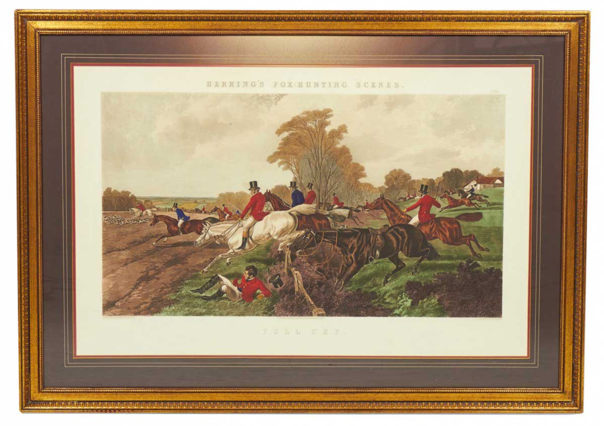 Framed English Victorian Lithograph Print of a Hunting Party on the Chase