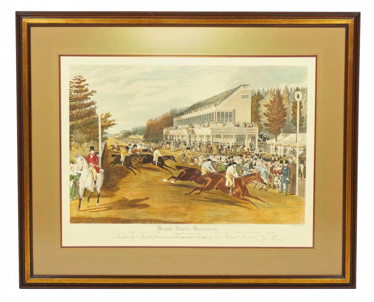 Framed English Georgian Lithograph Print of a Horse Race and Spectators
