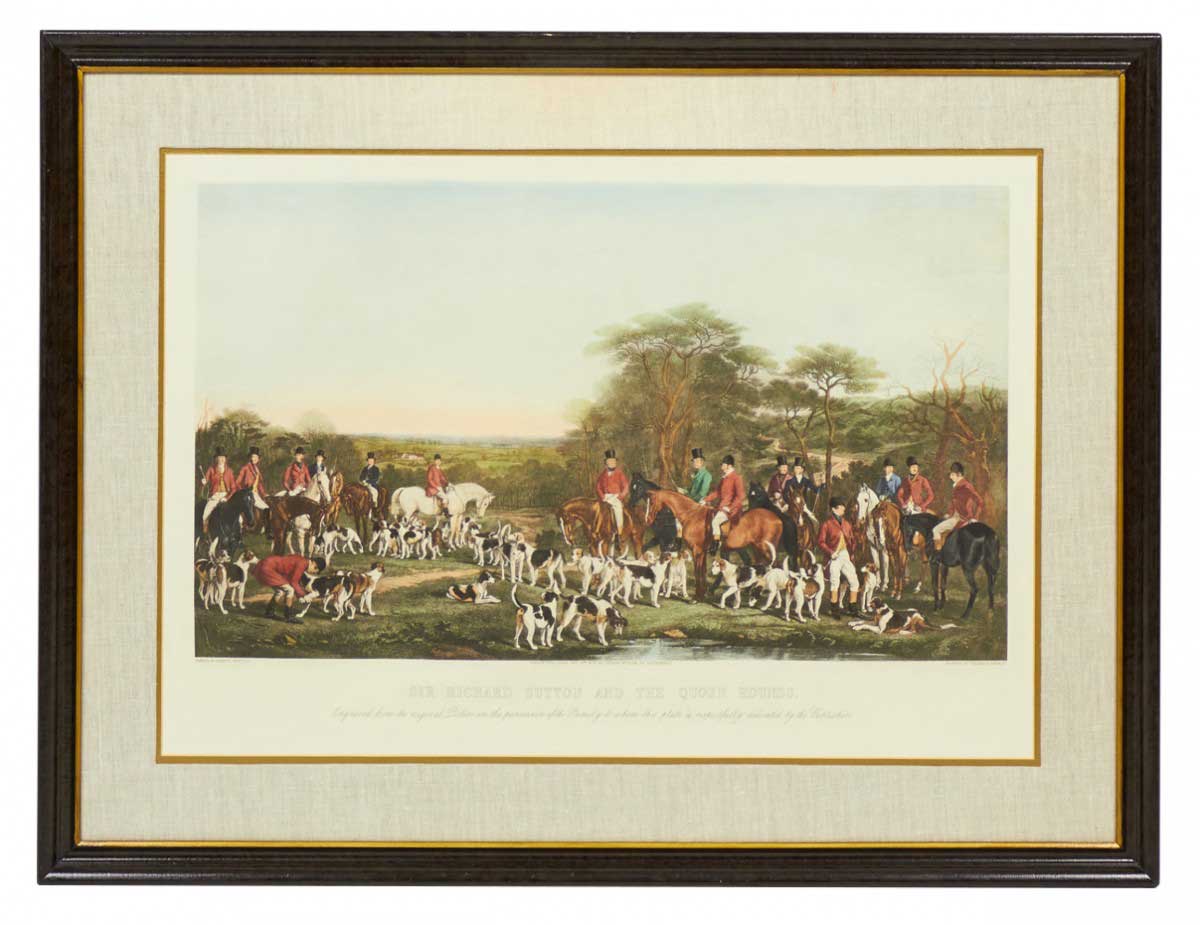 Framed English Victorian Lithograph Print of Sir Richard Suttons Hunting Party