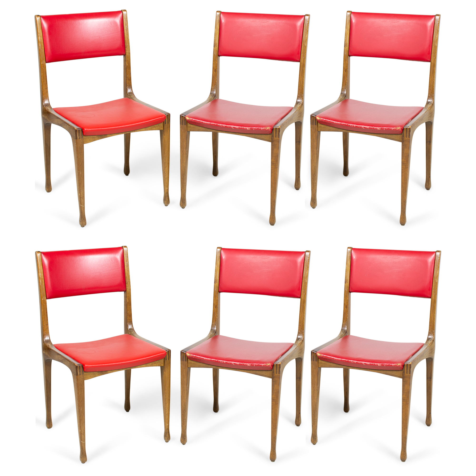 Set of 8 Mid Century Walnut and Red Vinyl Dining Side Chairs