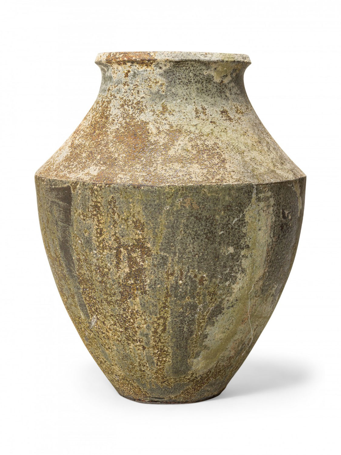 Monumental Cast Iron Outdoor Urn Vase with Beige and Brown Patina