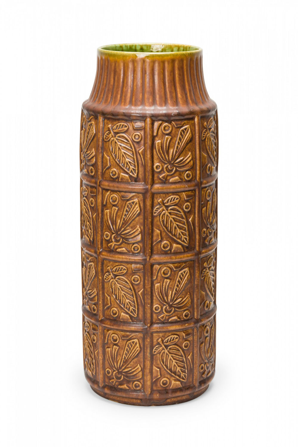 Bay Keramik West German Mid Century Leaf and Grid Incised Brown Glazed Ceramic Vase