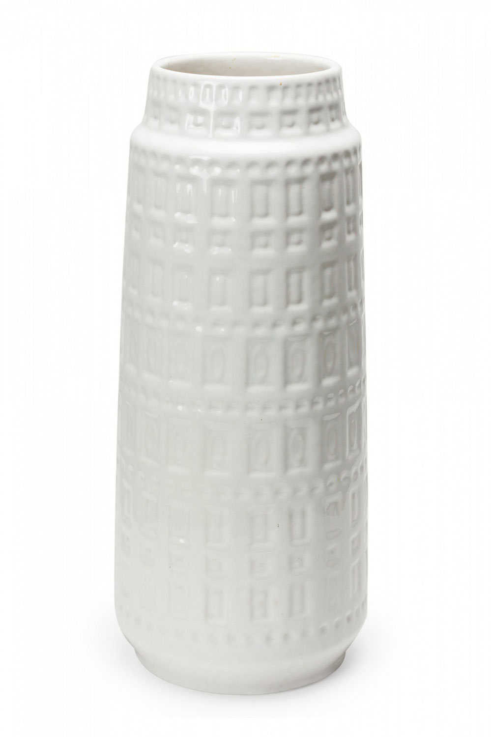 Scheurich Mid Century West German Rectangular Incised Inka Patterned Bright White Glazed Ceramic Vase
