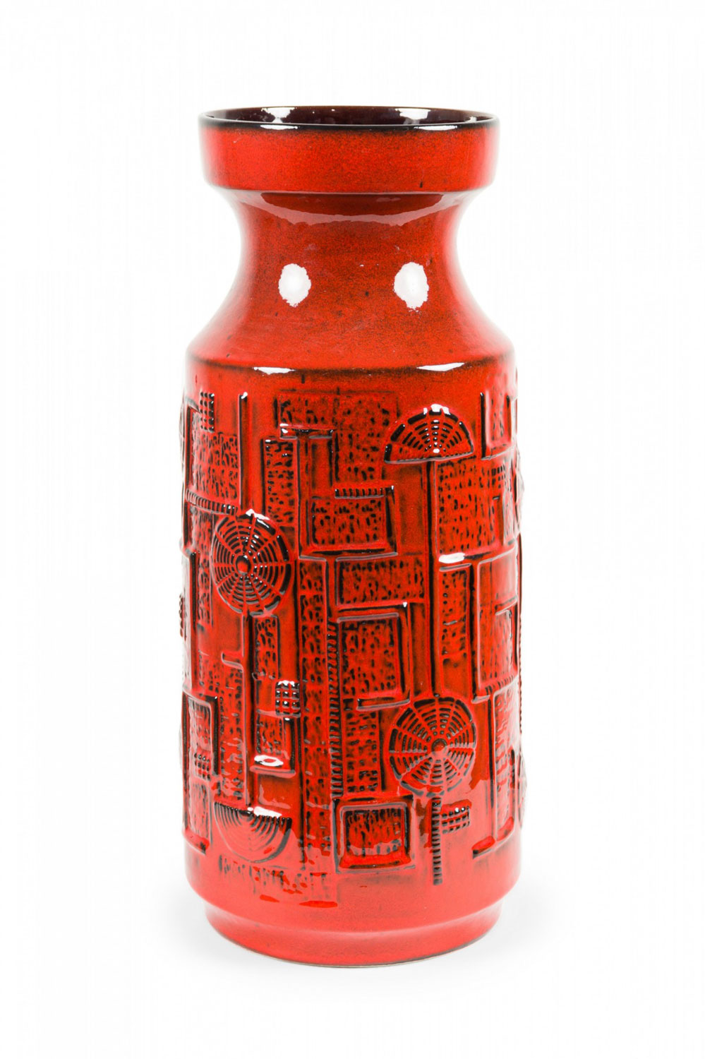 Bay Keramik West German Mid Century Deep Red and Black Raised Geometric Patterned Ceramic Vase Bodo Mans Narvik