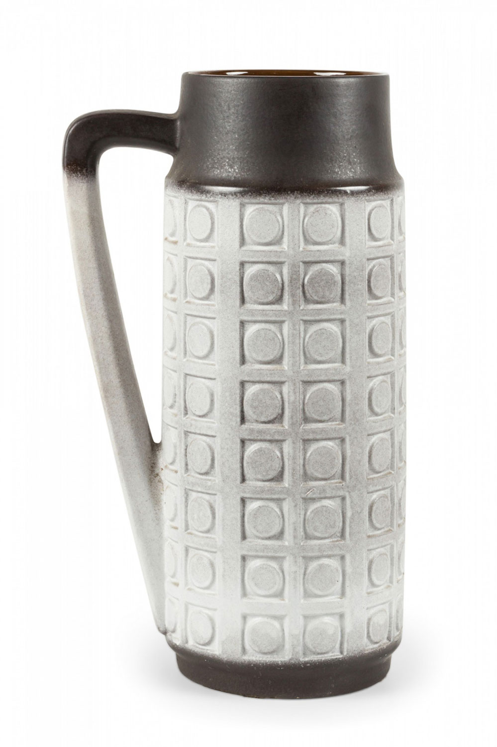 Mid Century West German Circle and Square Patterned White and Brown Glazed Ceramic Handled Vase
