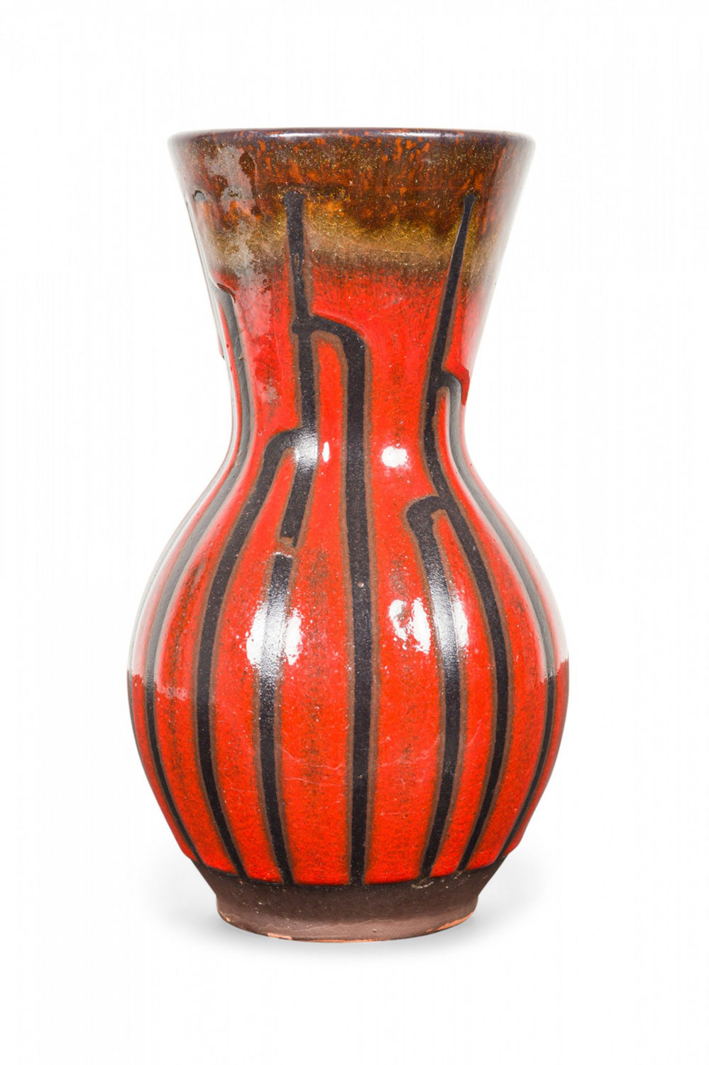 Mid Century West German Fat Lava Red Black and Brown Organic Striped Glaze Ceramic Vase