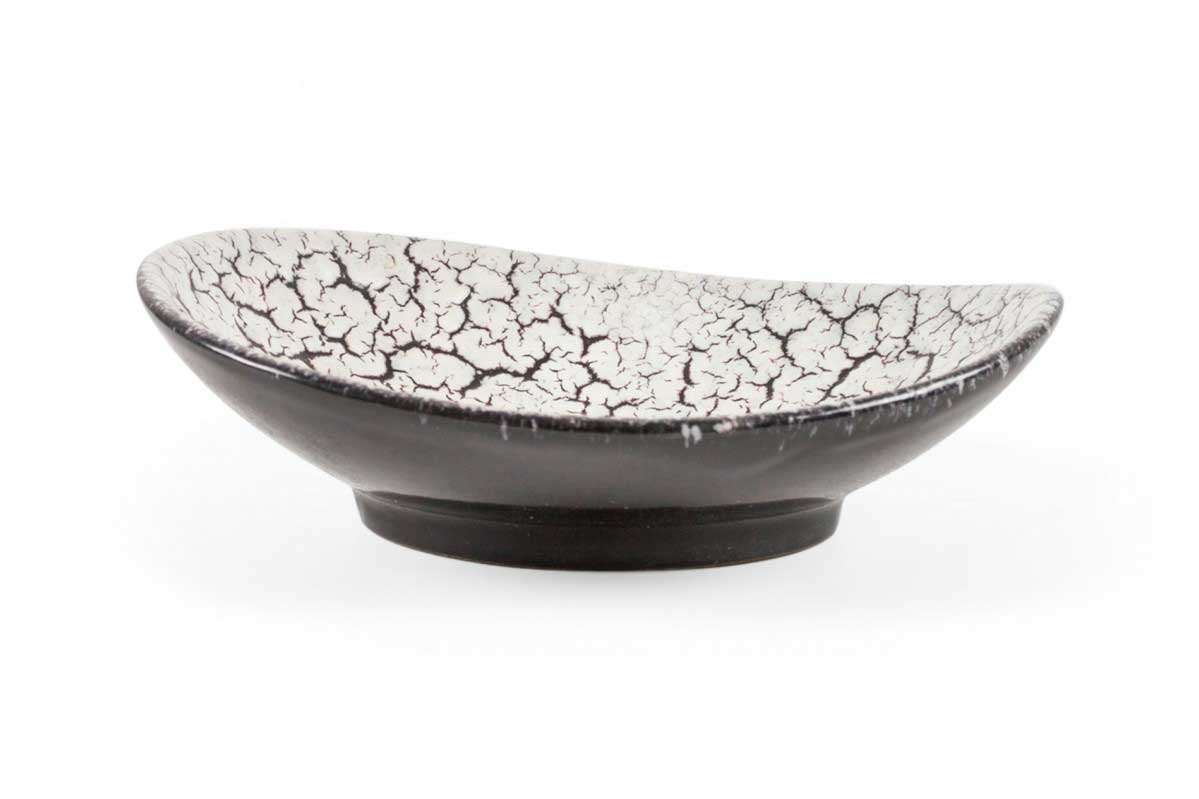 Jasba Keramik Mid Century German White Crackle and Black Glazed Oval Ceramic Dish