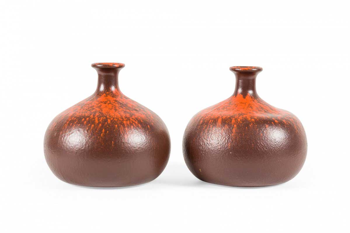 Pair of Mid Century Textured Brown and Orange Speckled Glazed Ceramic Vase