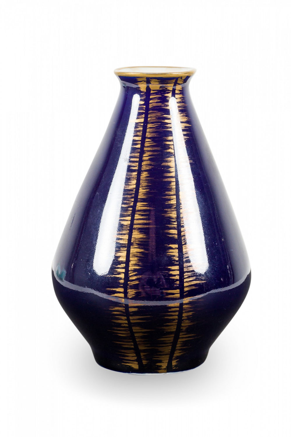 Echt Kobalt Mid Century German Deep Blue and Feathered Gold Stripe Design Ceramic Bud Vase
