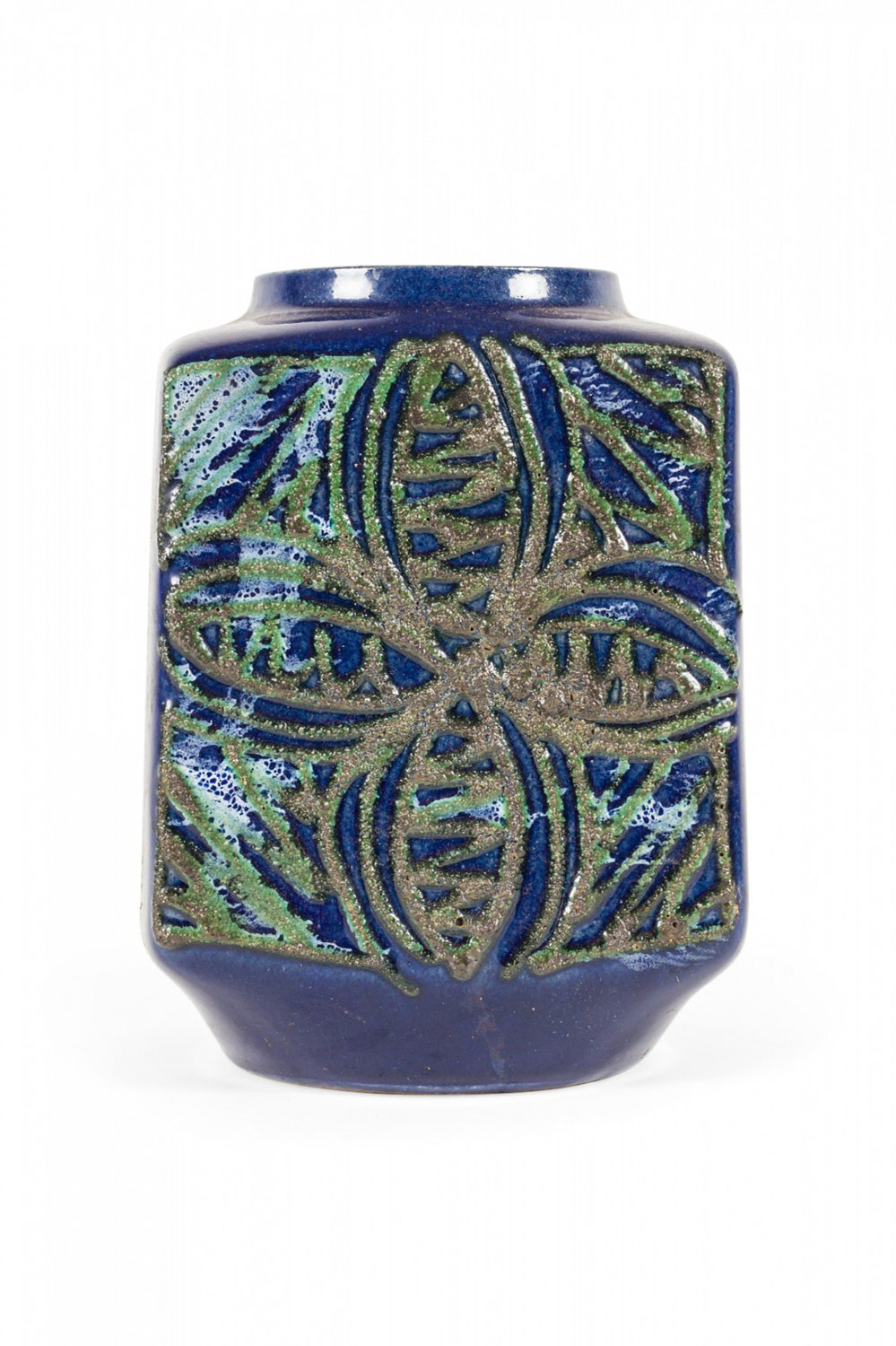 Strehla Keramik East German Incised Clover Pattern Blue and Green Ceramic Vase