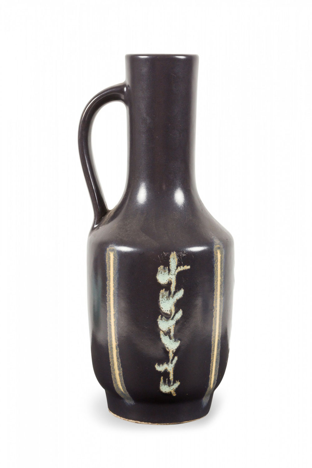 German Mid Century Vertical Vine Design Black Glazed Ceramic Handled Vase