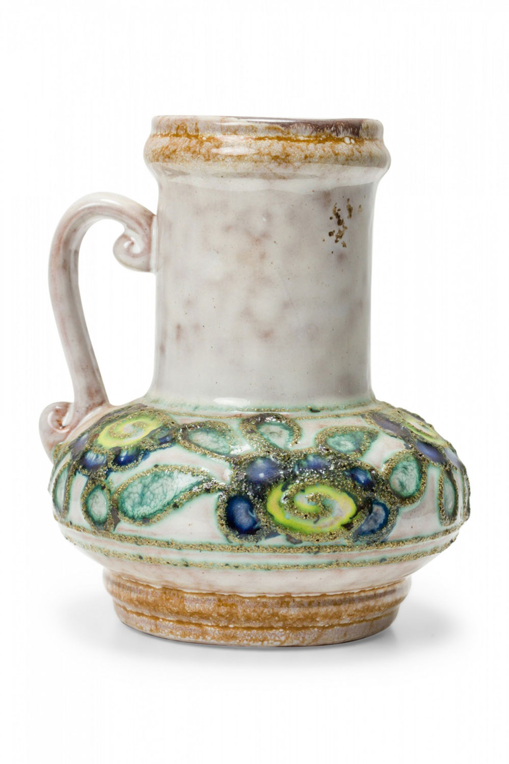 Strehla Keramik East German Raised Green and Blue Floral Pattern and Beige Glazed Ceramic Vase