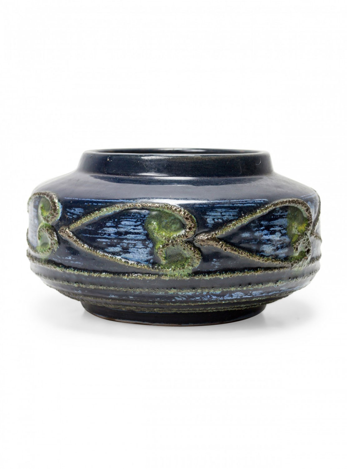 Strehla Keramik East German Mid Century Raised Heart Design Blue and Green Glazed Ceramic Pot