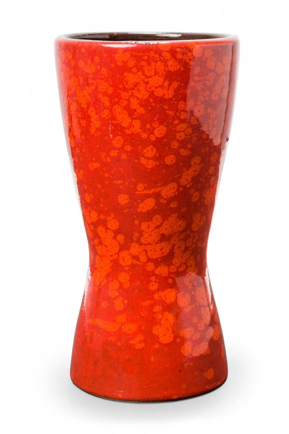 Scheurich Mid Century West German Red and Orange Speckled Glazed Hourglass Shaped Ceramic Vase