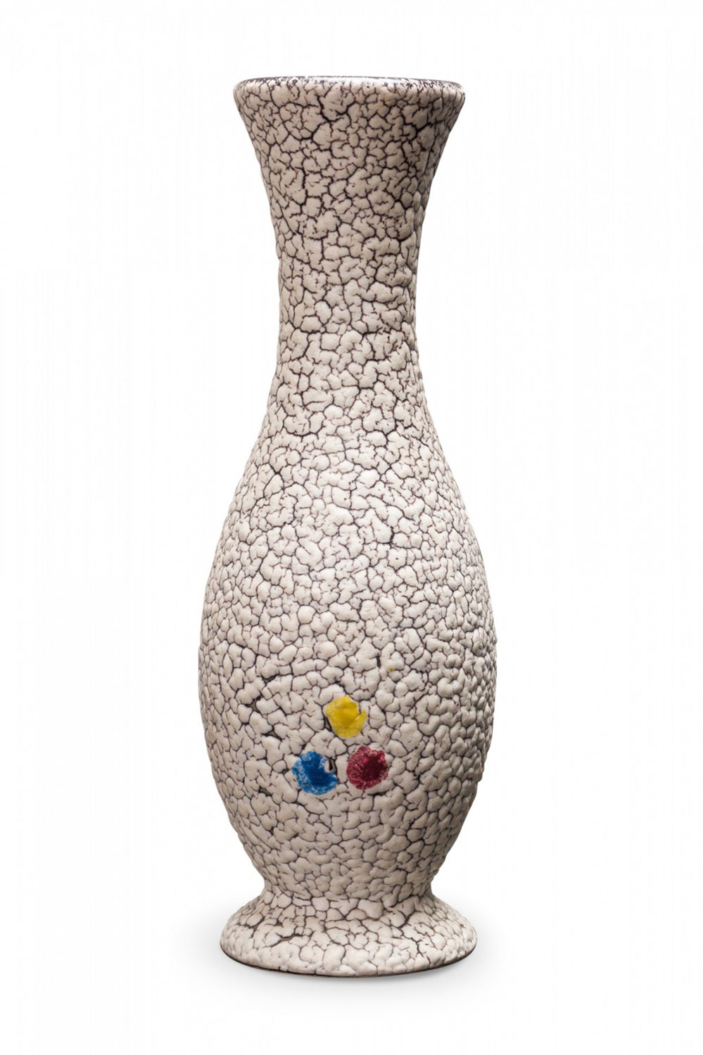 Jasba German Mid Century White Crackle and Primary Color Dot Design Footed Ceramic Vase