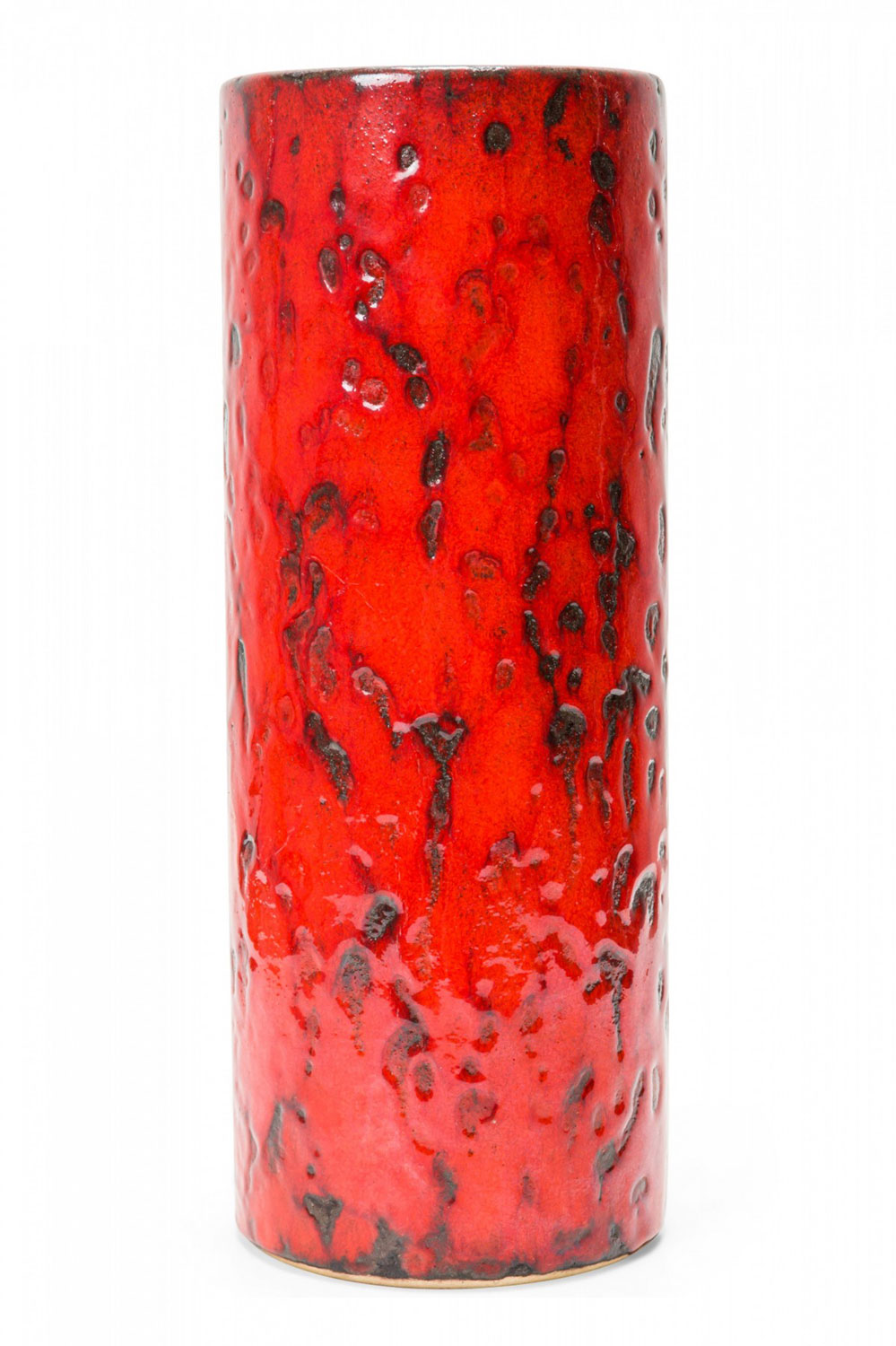 West German Mid Century Cylindrical Black and Red Fat Lava Glazed Ceramic Vase