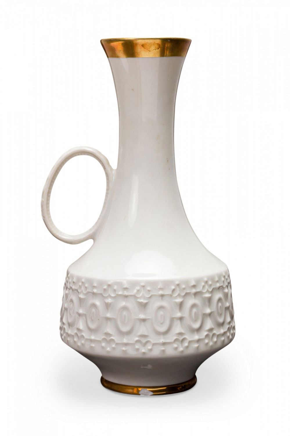 KPM Bavaria German Mid Century White and Gold and Raised Geometric Pattern Porcelain Handled Vase