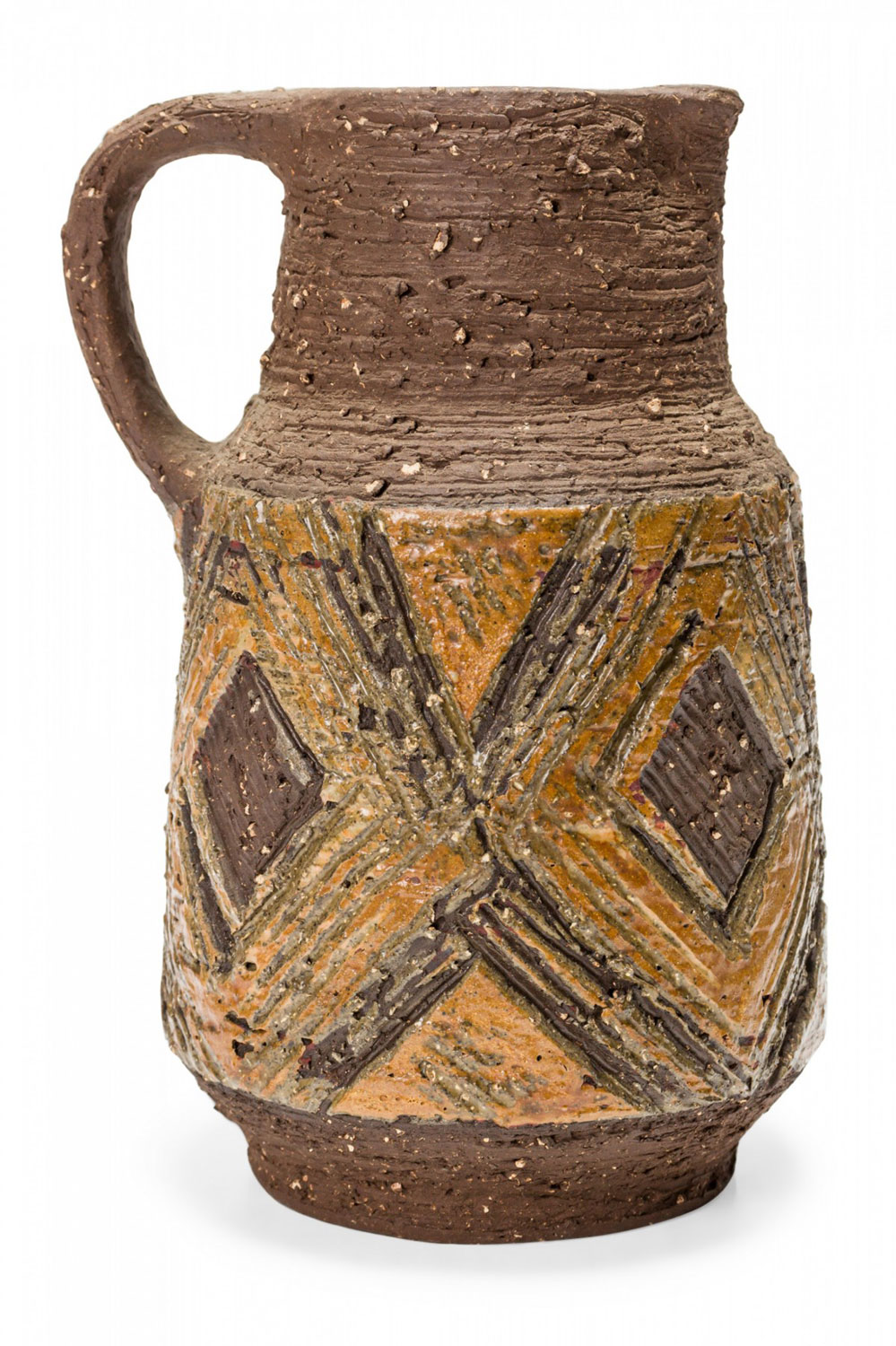 German Mid Century Heavily Textured Incised Square and Line Design Brown Ceramic Pitcher