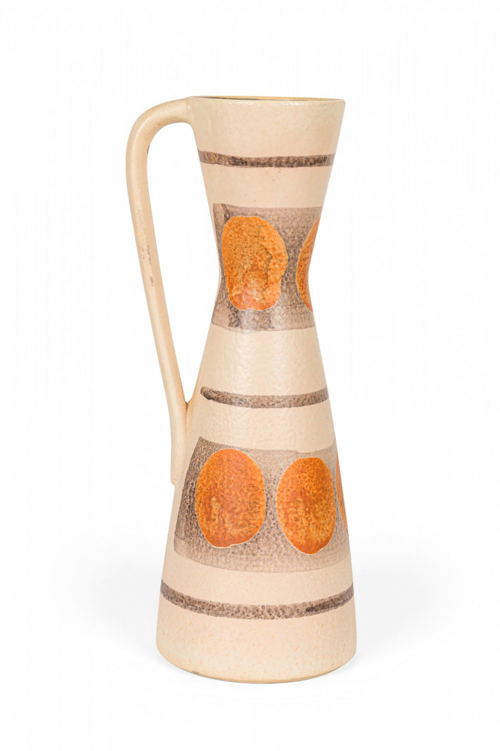 German Mid Century Hourglass Form Beige and Brown Horizontally Patterned Handled Vase