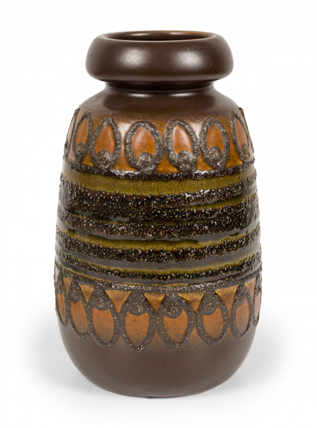 VEB Haldensleben Keramik German Mid Century Raised Black Textured Banded Design and Brown Glazed Vase