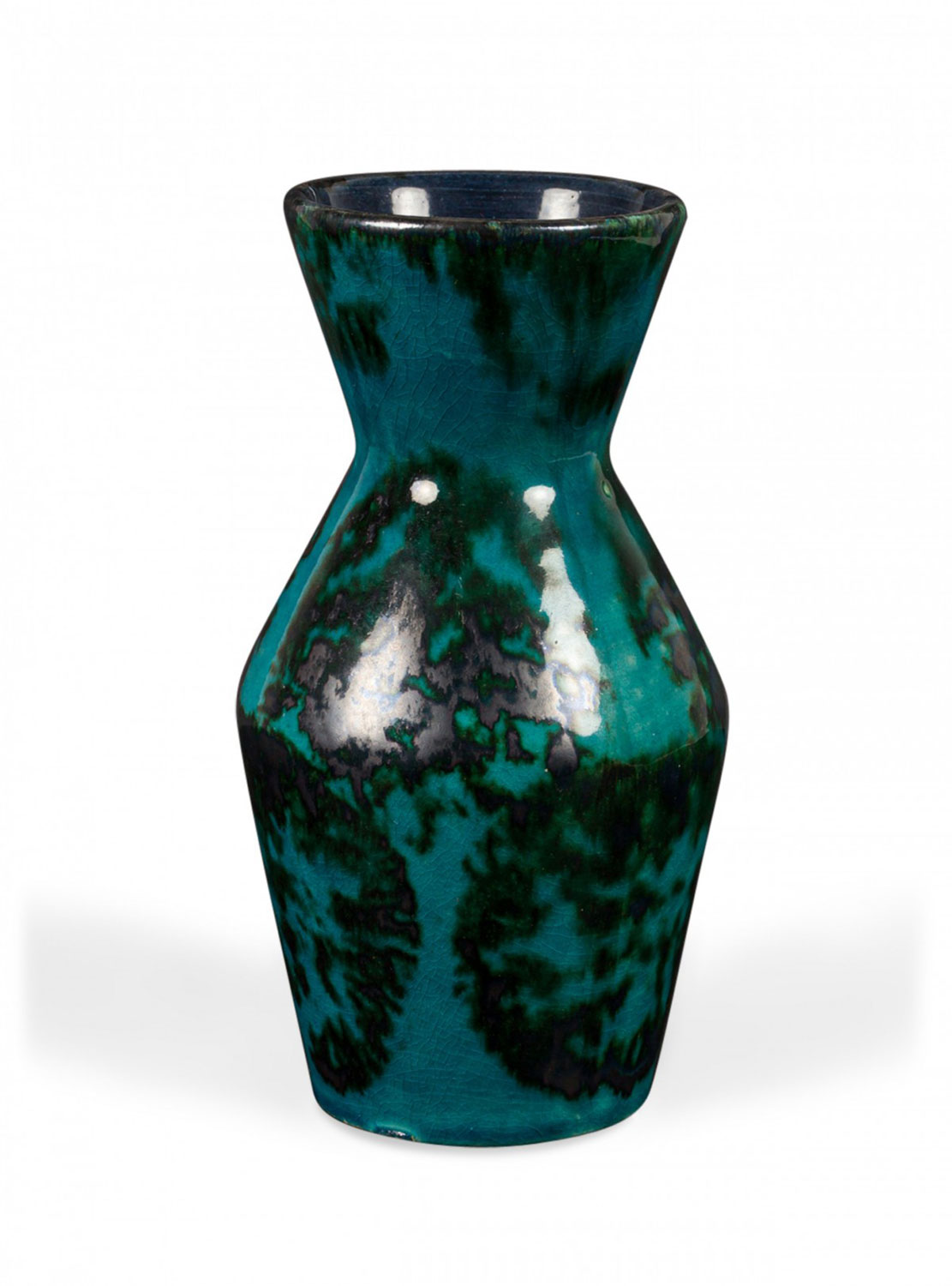 Scheurich West German Hourglass Form Green and Black Marbled Glazed Ceramic Vase