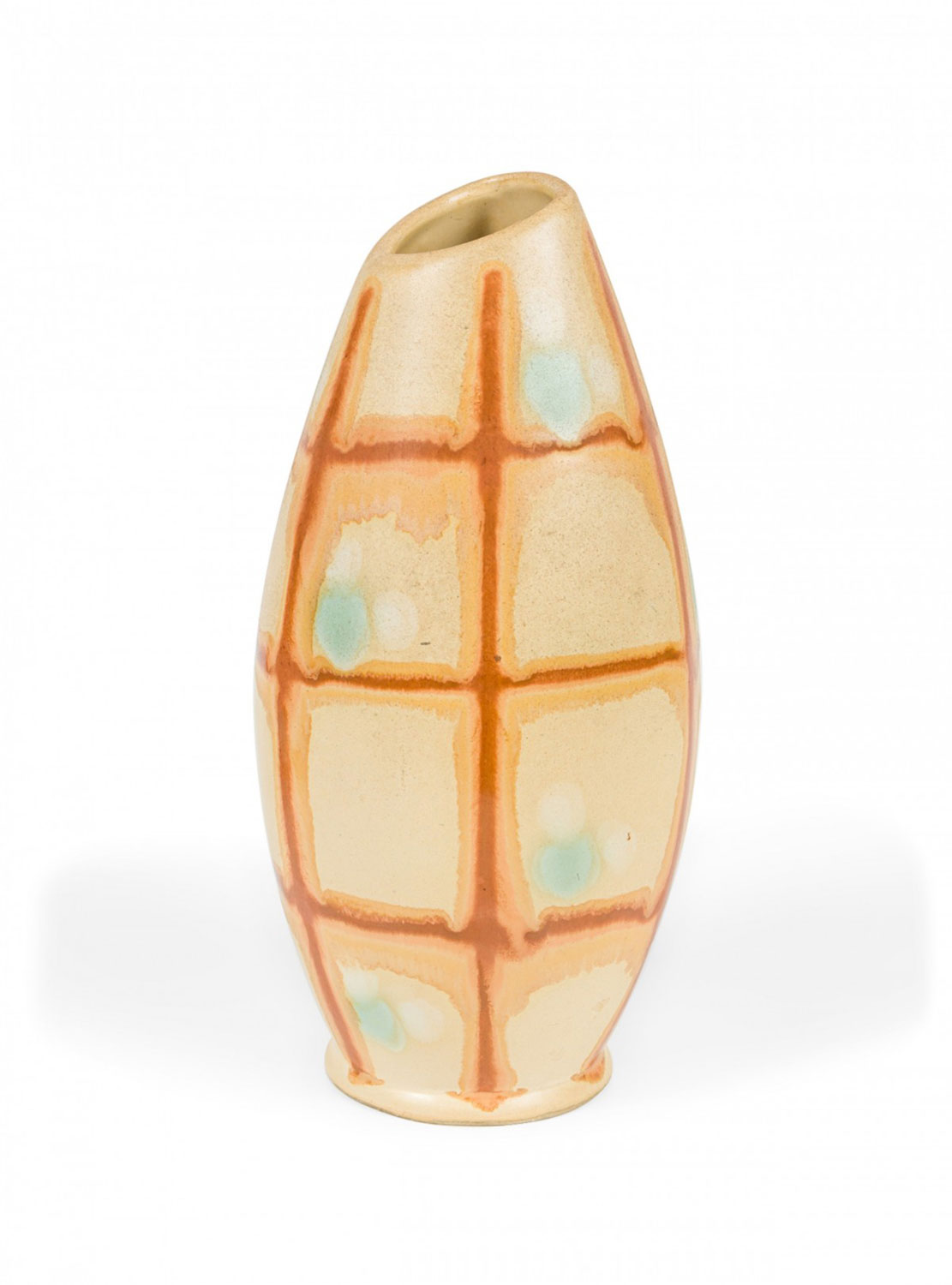 German Mid Century Brown, Gold, and Green Grid Patterned Beige Glazed Ceramic Vase