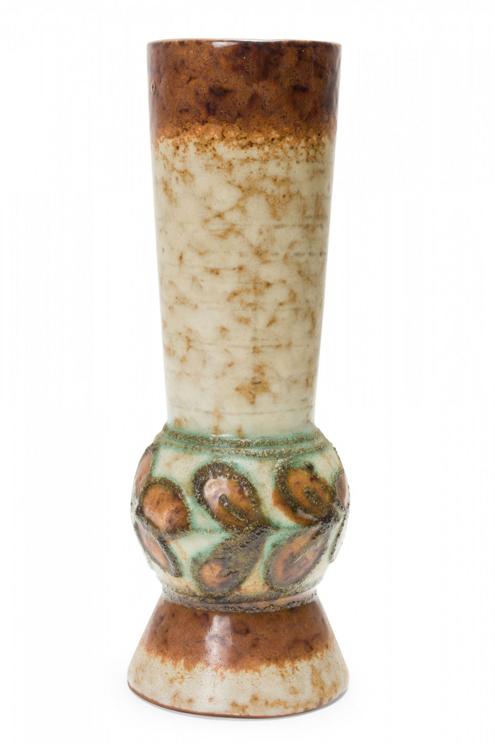 Strehla East German Mid Century Raised Green Floral Design Brown and Beige Glazed Ceramic Vase