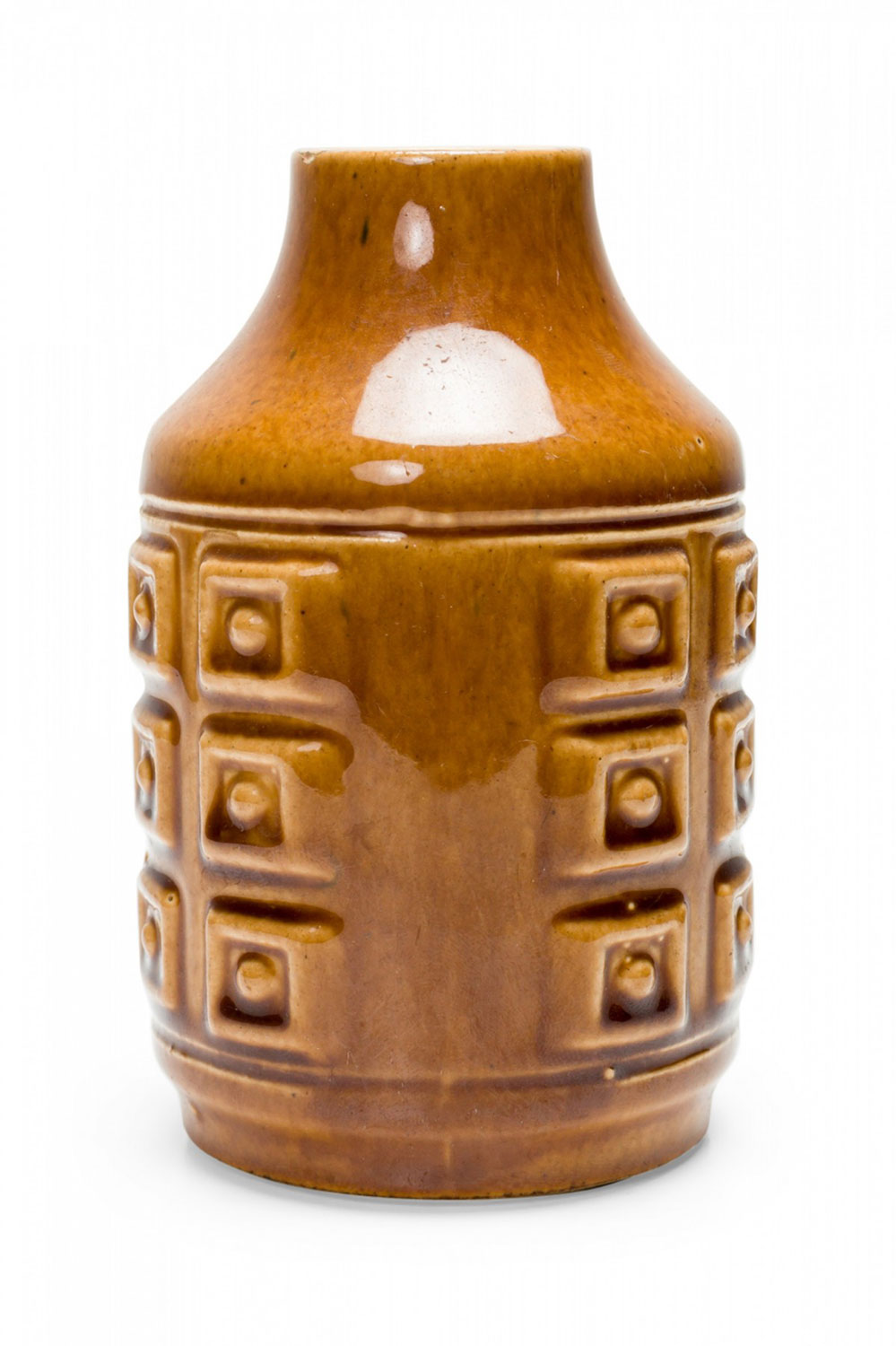 VEB GrÃƒÂ¤fenroda Keramik German Mid Century Incised Square Design Brown and Gold Glazed Ceramic Vase