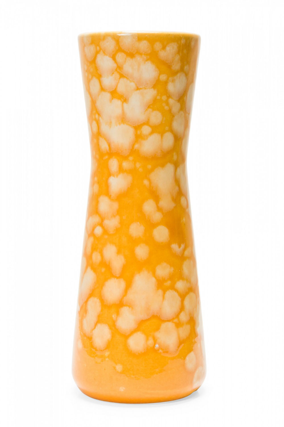 Scheurich West German Mid Century Hourglass Form Orange and Yellow Mottled Glazed Ceramic Vase
