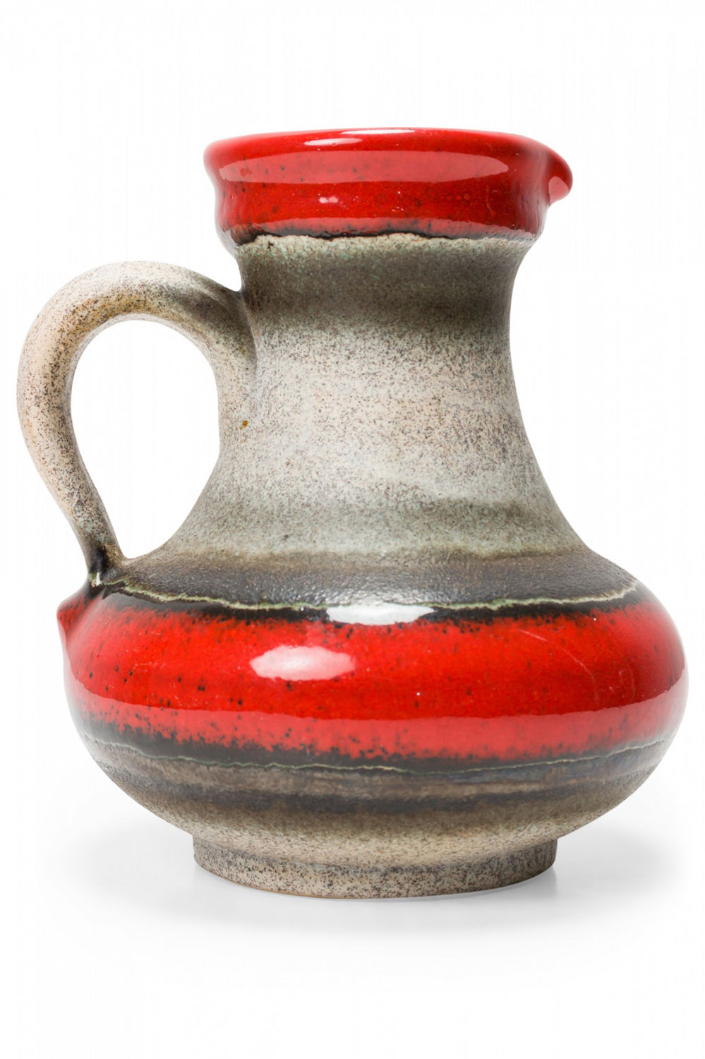 German Mid Century Red, Black, and Gray Speckle Glazed Ceramic Pitcher with Handle