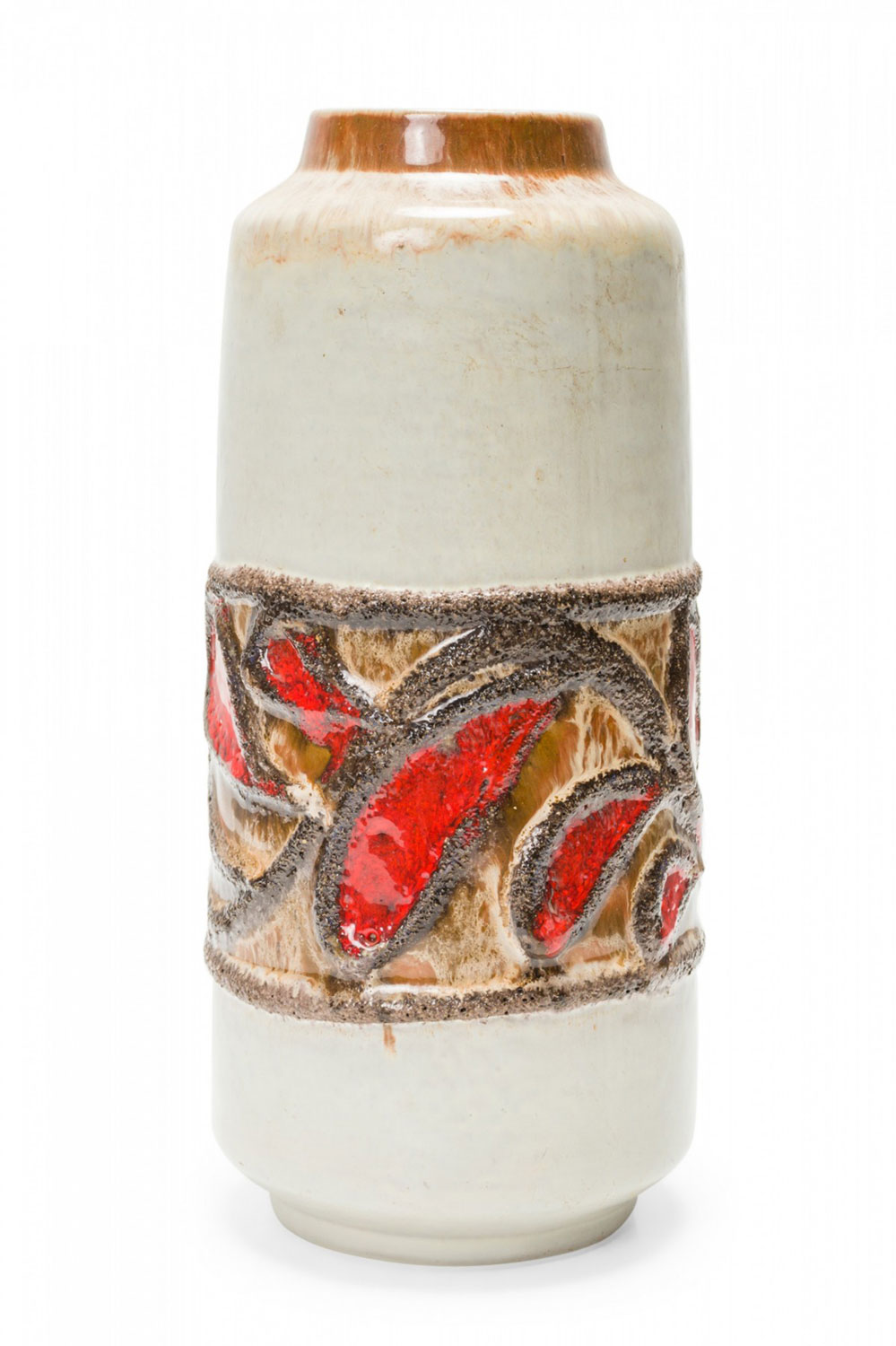 Strehla East German Mid Century White Red and Black Glazed Banded Central Design Ceramic Vase