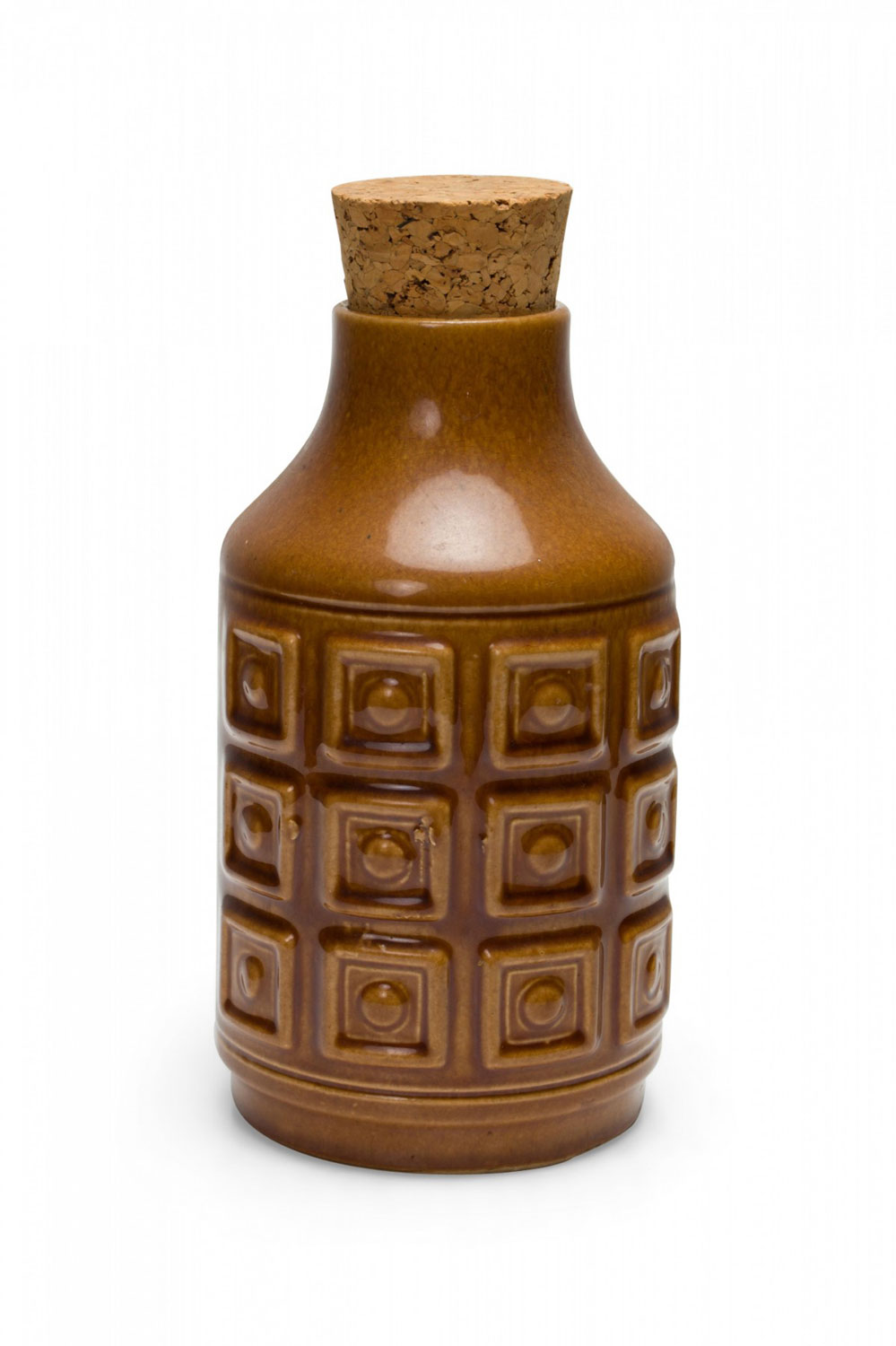 VEB GrÃƒÂ¤fenroda Keramik German Mid Century Square Pattern Brown Glazed Ceramic Vase with Cork Stopper