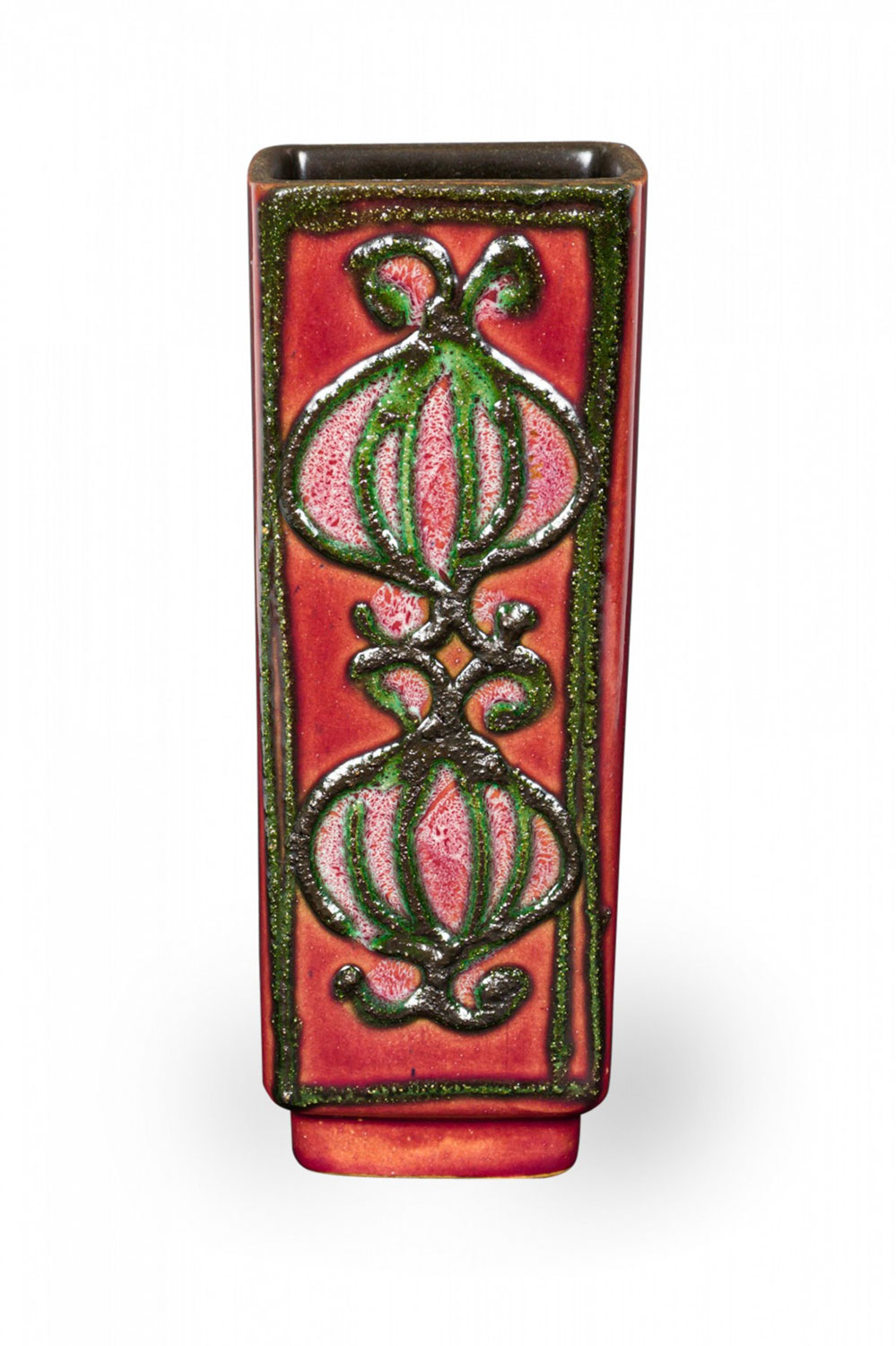 Strehla Keramik East German Mid Century Raised Green Design Burgundy Glazed Square Ceramic Vase