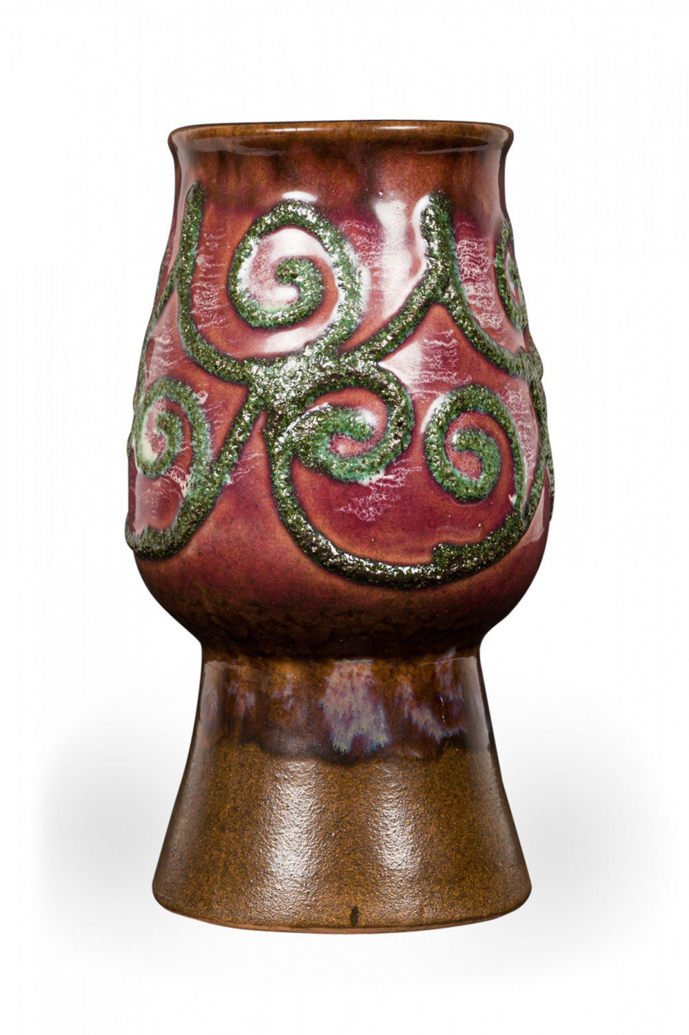 Strehla Keramik East German Mid Century Green Spiral Pattern and Burgundy Glazed Footed Ceramic Vase