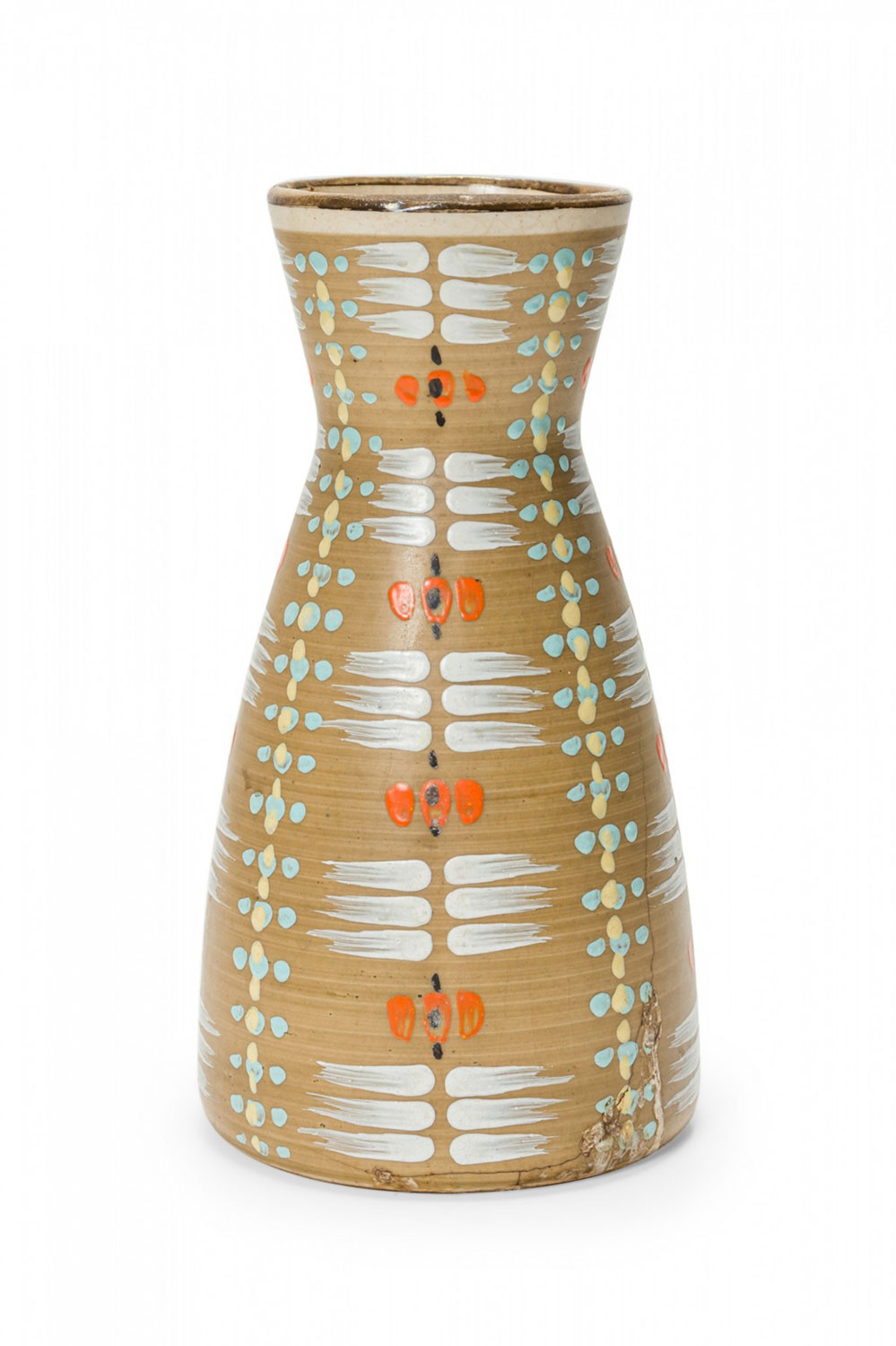 German Mid Century Hourglass Form Abstract Grid Design White Orange and Brown Ceramic Vase