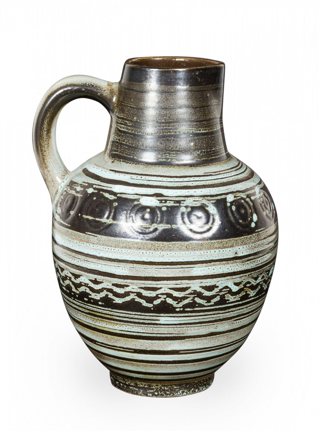 East German Mid Century Light Blue Horizontal Stripe and Circle Pattern Black Ceramic Pitcher 