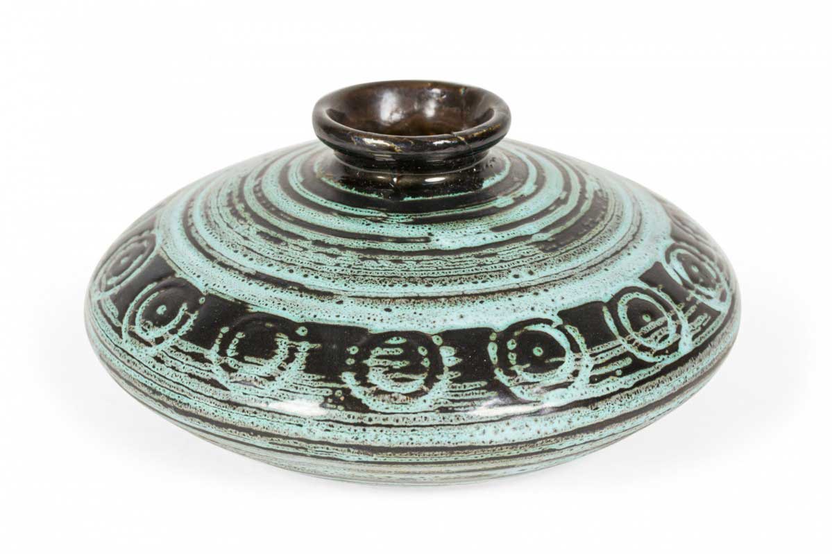 Strehla Keramik East German Mid Century Light Blue Horizontal Patterned Black Ceramic Low Vessel