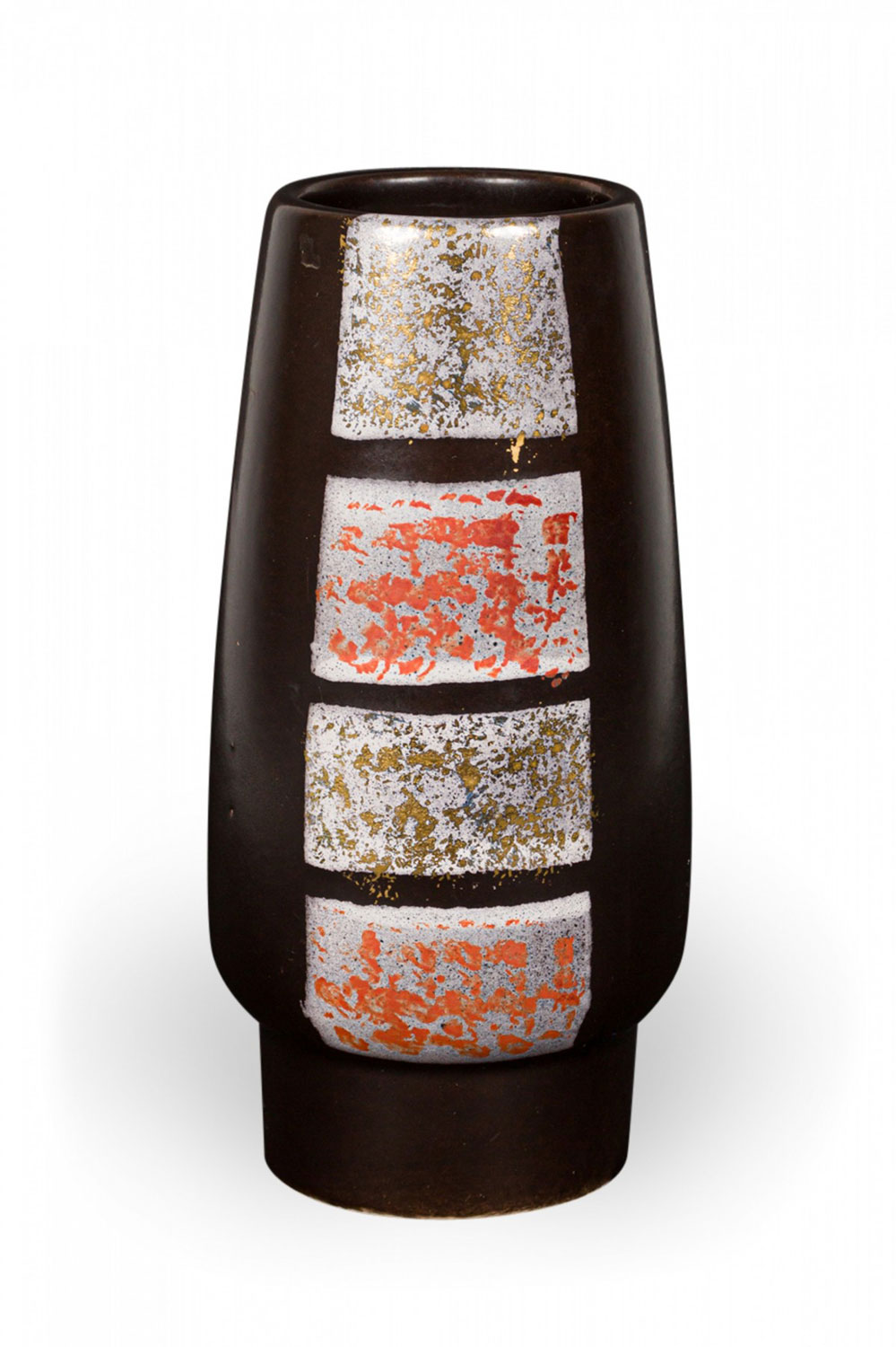 Strehla Keramik East German Gold, Silver and Copper Metallic Square Design Brown Glazed Ceramic Vase